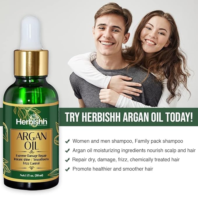 Herbishh Black Hair Color Shampoo - 3-In-1 Magic Dye for Gray Hair 500 Ml + Argan Oil for Dull Dry Damaged Hair 30ML