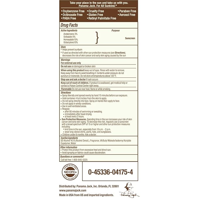 Panama Jack Continuous Spray Sunscreen - SPF 75 Broad Spectrum UVA/UVB Protection PABA Paraben Gluten &amp Cruelty Free Water Resistant (80 Minutes) 5.5 OZ (5.50 Fl Oz (Pack of 12))