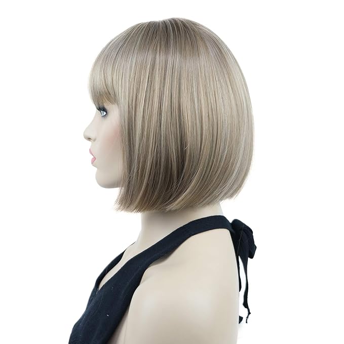 Lydell 8 Straight Short Bob Hair Flat Bangs Cute Central Dot Skin Top Heat Resistant Synthetic Wigs (H16/613 Blonde Highlighted)
