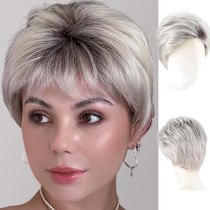 WIGYY Silver Grey Pixie Cut Wig for White Women Short Curly Synthetic Wig with Bangs Upgraded Glueless Cap Heat-Resistant Lightweight Wig for Older Women Daily Wear
