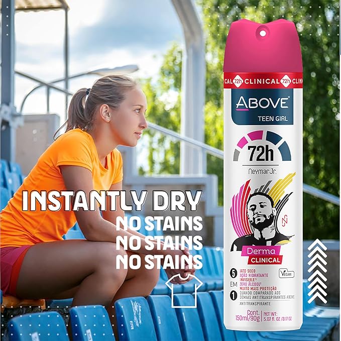 ABOVE 72 Hours Derma Clinical Antiperspirant Deodorant Neymar Jr Teen Girl 4 Pcs - Deodorant for Teens - Red Fruits and Vanilla Notes - Dry Spray