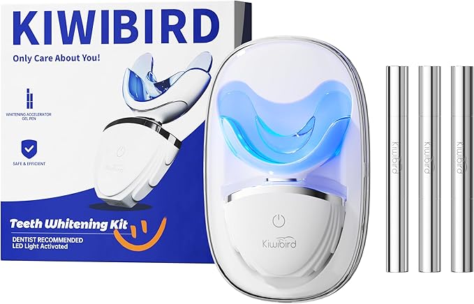 KIWIBIRD Teeth Whitening Kit for Sensitive Teeth ? 3 Gel Pens LED Light with Wireless Charging Case IPX7 Waterproof Enamel-Safe at-Home Dental Care Tool