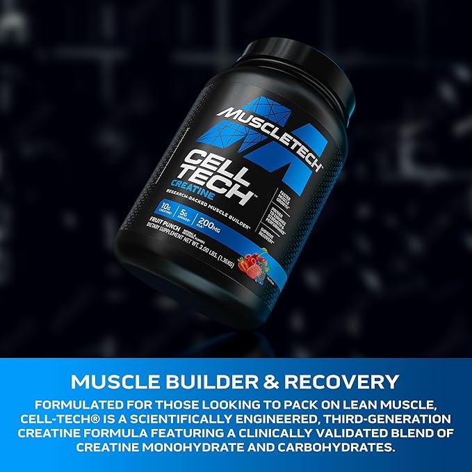 MuscleTech Creatine Monohydrate Powder Cell-Tech Creatine Post Workout Recovery Drink Muscle Builder For Men &amp Women Muscle Building Supplements Fruit Punch 3 lbs (27 Serv)