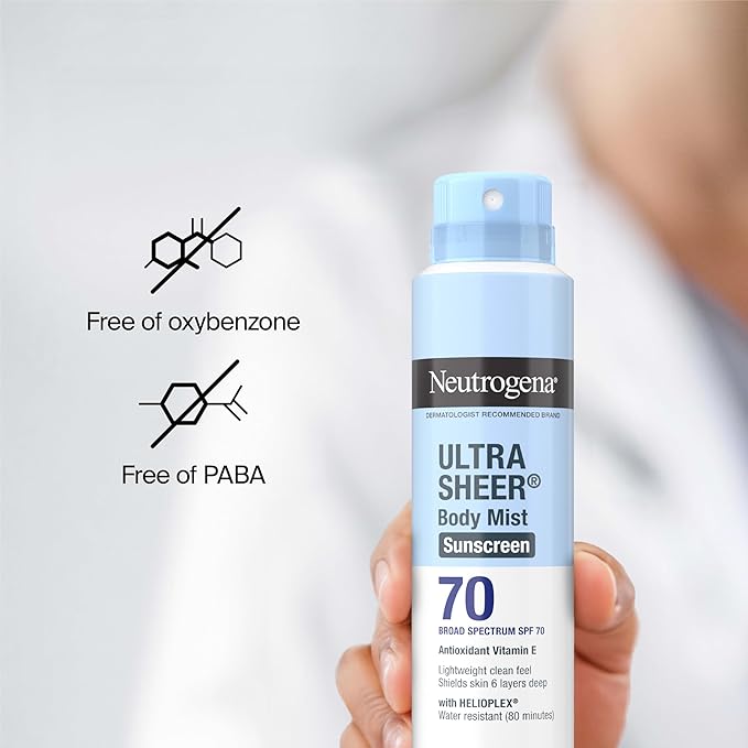 Neutrogena Ultra Sheer Body Mist Sunscreen Spray Broad Spectrum SPF 70 Lightweight Spray Sunscreen Non-Greasy &amp Water Resistant Oil-Free &amp Non-Comedogenic UVA/UVB 5 oz Pack of 3