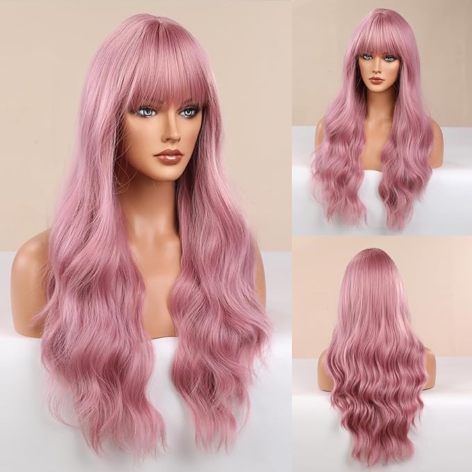 Honygebia Light Pink Wig Bangs - Baby Pink Wigs for Women Long Wavy Coral Pink Heat Resistant Hair Natural Looking Bright Synthetic - Best Wigs for Halloween/Christmas/Cosplay/Party