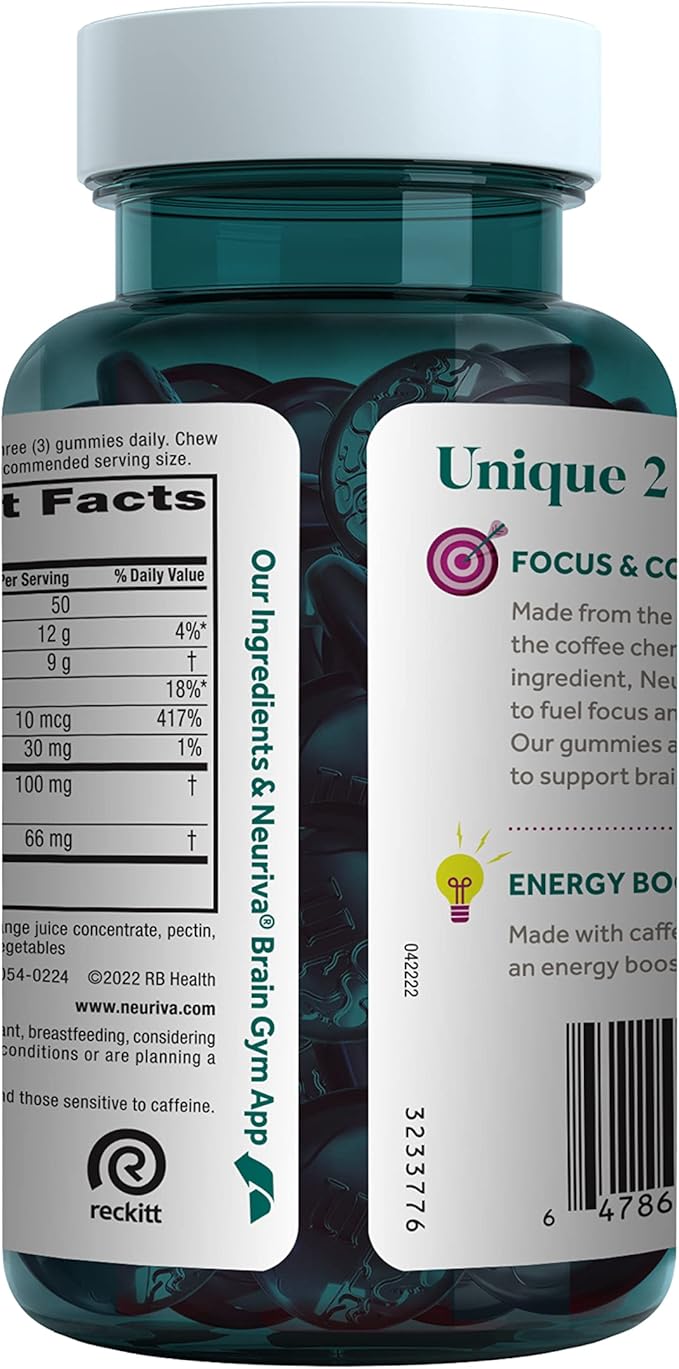 NEURIVA Brain + Energy Gummies Nootropic Brain Supplements for Focus and Concentration with Neurofactor Vitamin B12 &amp Caffeine for an Energy Boost* 75ct Natural BlackBerry