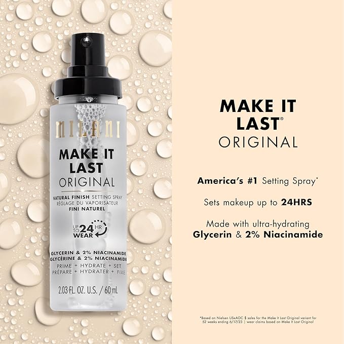 Milani Setting Spray + Primer Make It Last Original - Natural Finish with Niacinamide for Hydration &amp Make It Last Dewy - Dewy Finish Moisturizing Formula for Glow on the Go - 2 Pack
