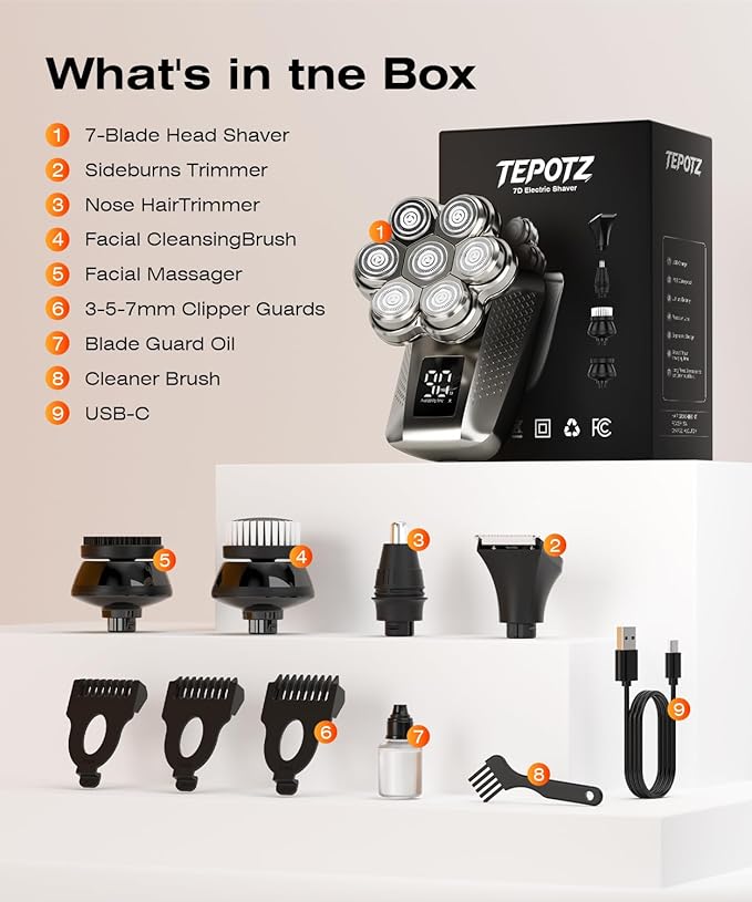 Head Shavers for Bald Men 7D Electric Razor for Men IPX7 Waterproof Dry/Wet Detachable Head Shaver LED Display Fast Charging 5-in-1 Pro Grooming Kit Travel-Friendly Ideal Gift Choice
