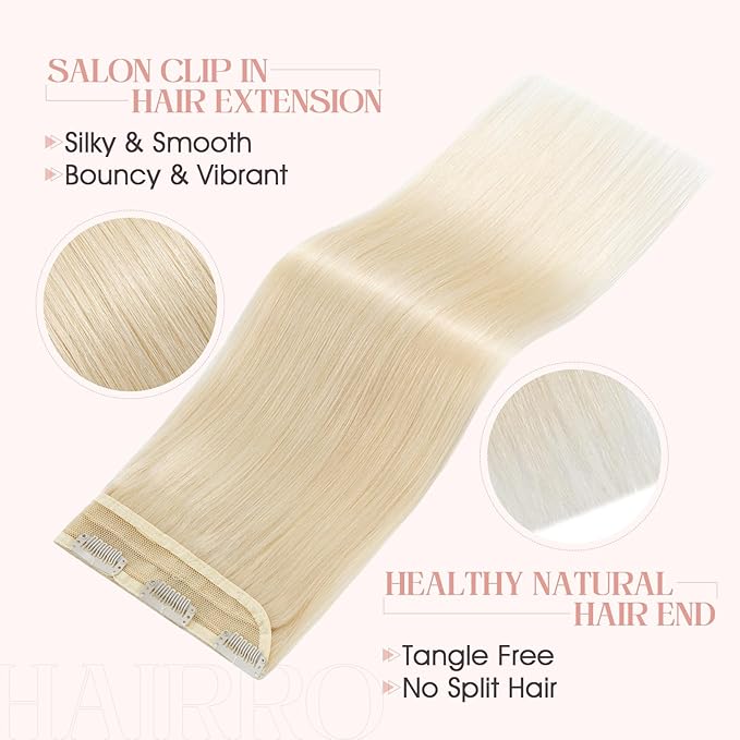 Hairro Clip in Hair Extensions 100% Human Hair #60 Plainum Blonde Thin Clip in Human Hairpieces 20 Inch Long Straight Standard Weft One Piece 5 Clips 50g for Women