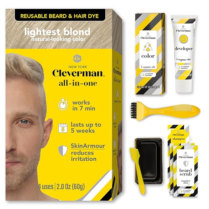 CLEVERMAN Lightest Blond Hair &amp Beard Dye for Men All-in-One Reusable Kit - Men's Color For Natural-Looking Gray Coverage Professional-Quality and Ammonia-Free