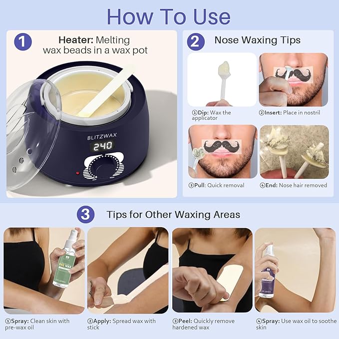 BLITZWAX Brazilian and Bikini Waxing Kit for Men Hard Wax Warmer for Face Legs and Body At Home Hair Removal Kit Beginner Friendly Quick Heating 30 Nose Wax Sticks