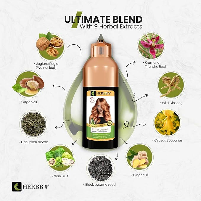 HERBBY Hair Color Shampoo for Gray Hair Coverage&ampColor Transform with 9 Herbal Extracts ?Long Lasting(6-8 Weeks)ShinyEvenly ColoredInstant Hair Dye Shampoo&ampConditioner500 Ml (GINGER CARAME