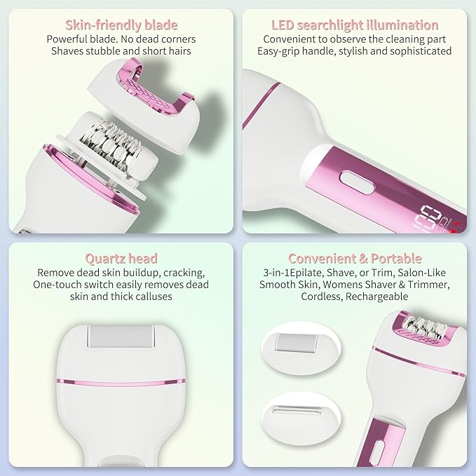 Epilator for Women 3-in-1 Epilator Body Hair Removal DeviceWet/Dry Waterproof Cordless Rechargeable Electric Trimmer &amp Shaver &amp Callus Remover for Women &amp Men 606 Pink