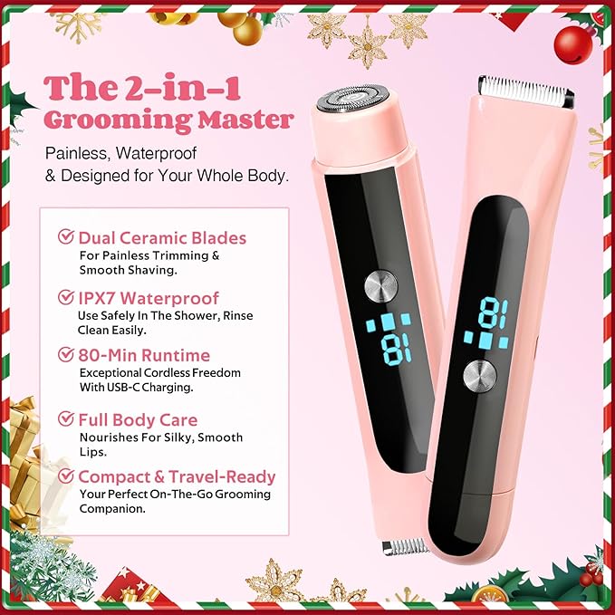 2-in-1 Bikini Trimmer for Women Dual-Head Bikini Shaver for Painless Pubic &amp Facial Hair Removal IPX7 Waterproof Type-C Fast Charge Long Cordless Use Holiday Gift Christmas &amp New Year Gif