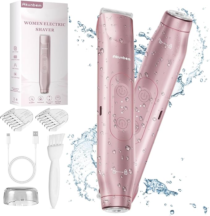 Bikini Trimmer for Women - 2 in 1 Electric Razors for Women - Dual Head Electric Shaver - IPX7 Waterproof Wet &amp Dry Use Body Hair Trimmer and Facial Hair Remover for Bikini Underarm Leg Arm