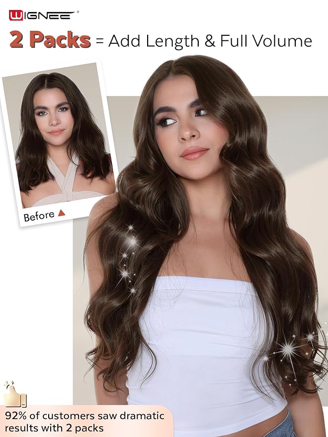 WIGNEE OVO Brown Hair Extensions ? 20 Inch 100% Remy Human Hair Dual Hand-Tied Double Invisible Weft Micro Beaded Sew-In Glueless Seamless Soft Silky Hair Extensions