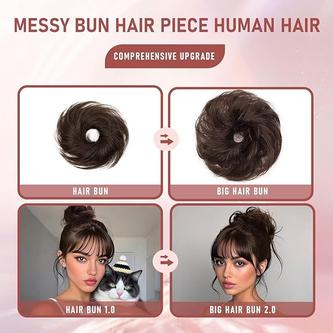 1 PCS Messy Bun Hair Piece Real Human Hair Thick Updo Wavy Curly Chignon Ponytail Hair Extensions Hair Bun Hairpieces for Women Girls (#04 Medium Brown)
