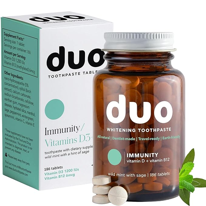 Duo Immunity Toothpaste Tablets ? Vitamin D3 + B12 with Nano-Hydroxyapatite | Oral Health Supplement | Wild Mint &amp Sage Flavor | 186 Tablets 1 Bottle