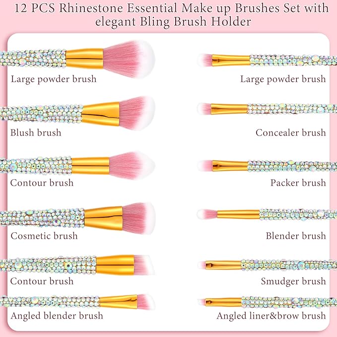 Rtteri 13 Pcs Rhinestone Silver Makeup Brushes Set Yellow Bling Crystal Professional Face Cosmetics Blending Liquid Foundation Powder Concealer Eye Shadows Make up Beauty Tool Glitter with Holder