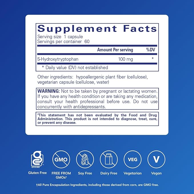 Pure Encapsulations 5-HTP 100 mg - Brain Health Sleep Regulation &amp Appetite Support* - 5-Hydroxytryptophan - Gluten Free &amp Non-GMO - 60 Capsules