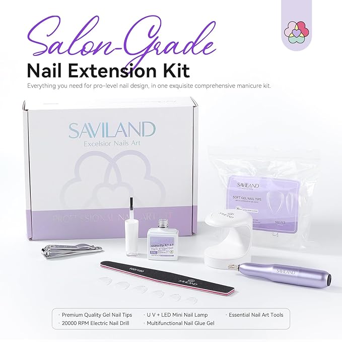 SAVILAND Advanced Gel Nail Kit: Salon Grade Extra Short Almond Nails 500 Pcs Nail Tips Half Matte with U V Nail Lamp Pre-Shaped 12 Sizes Complete At Home Nail Art Kit for Salon 30-Day Long-Wear