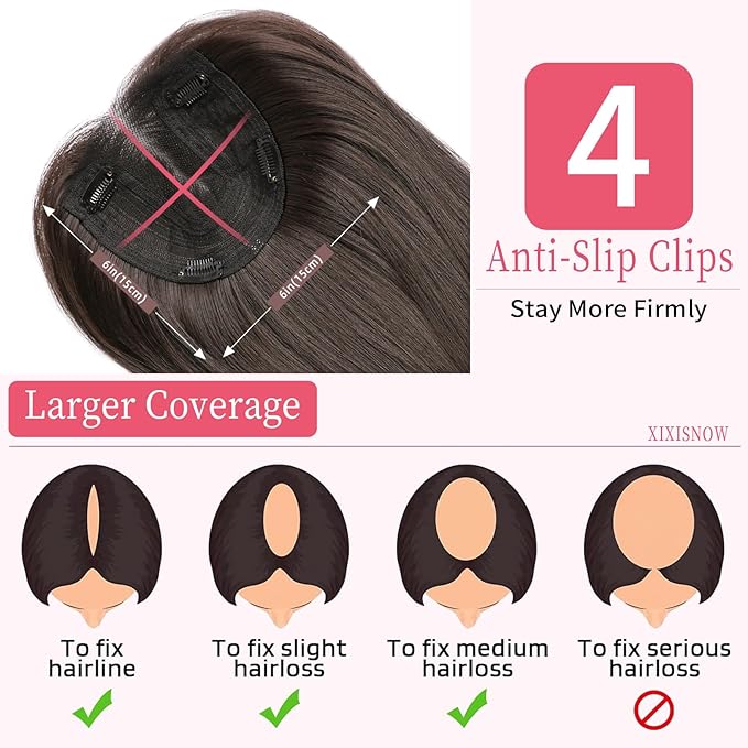 Toppers Hair Pieces for Women 24 Inch Long Straight Clip in Hair Toppers for Women Thinning Hairs Synthetic Hand-Tied Hairline Heat Resistant Layered Womens Wig Topper Add Volume Dark Brown