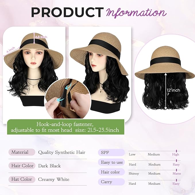 Sun Hat Straw Hat Wig Detachable Adjustable Cap with 12 Inch Synthetic Wavy Hair Extensions Foldable for Women Summer Beach Outdoors Dark Black
