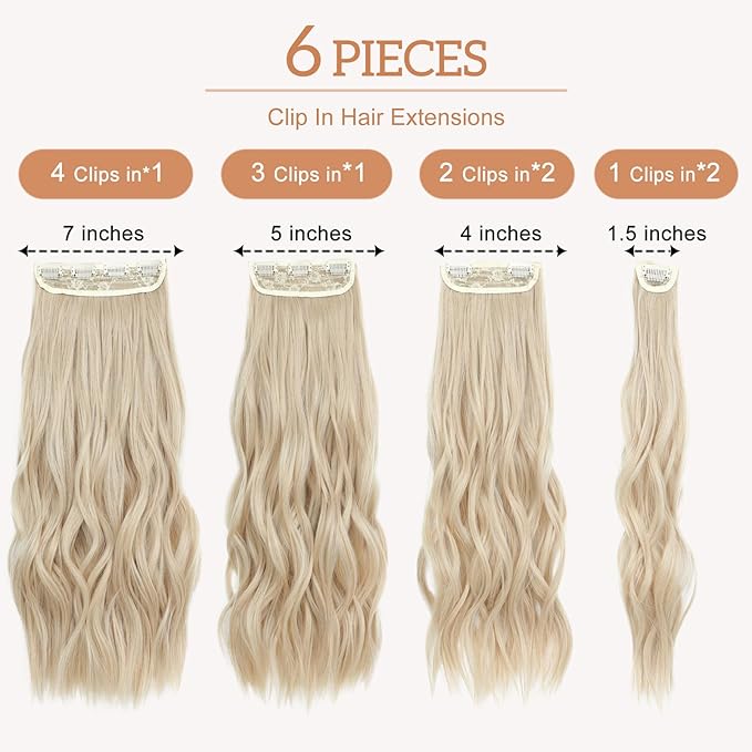 Clip in Hair Extensions for Women Natural Blonde Extensions 24 Inch 6PCS Hairpieces Long Wavy Soft Thick Hair Extensions Clip ins