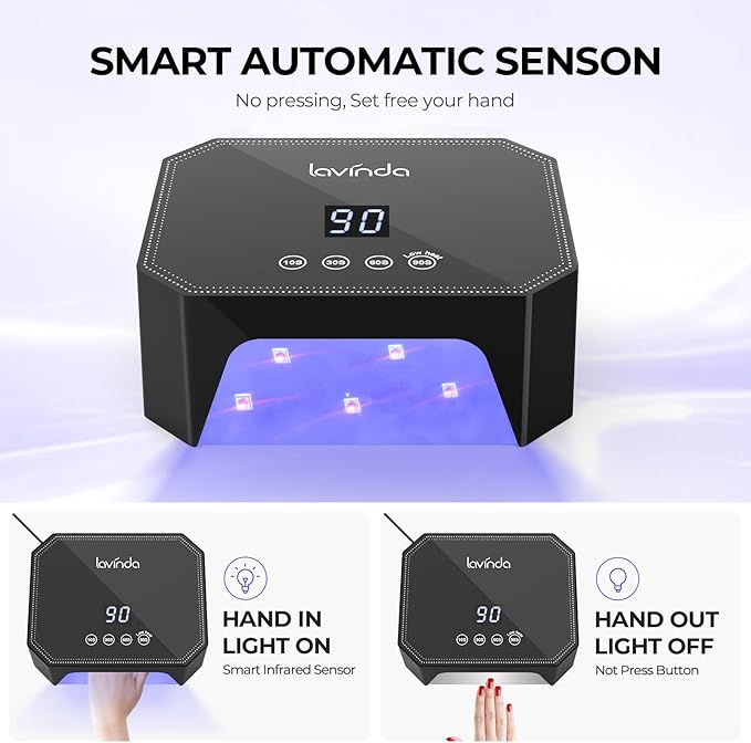 Lavinda 54W UV LED Nail Lamp ? Plug-in Gel Nail Light with LCD Display 4 Timers Auto Sensor Dual Wavelength Nail Dryer for Home &amp Salon ? Black