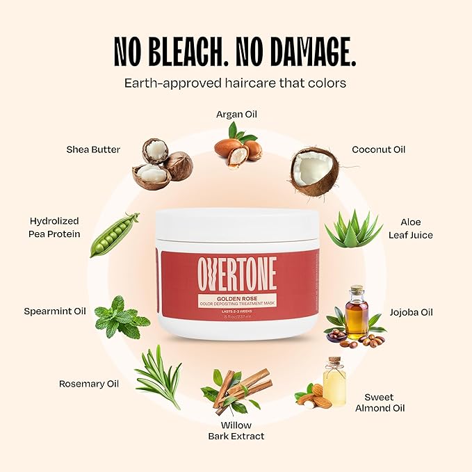 Overtone Semi Permanent Hair Color Conditioner Rose Gold for Brown is Golden Rose 8 oz Nourishing Damage-Free Color Depositing Mask for All Hair Types with Shea Butter &amp Coconut Oil Vegan