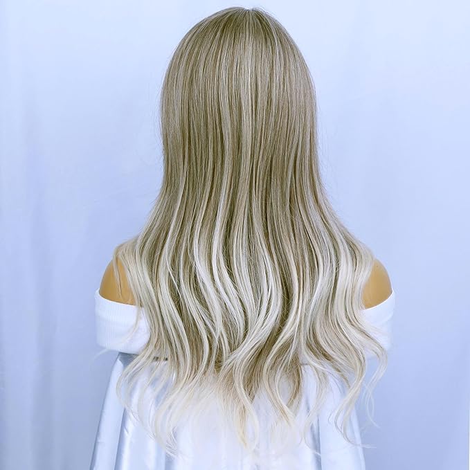 BERON Blonde Brown Long Wigs Women Wavy Wig with Bangs 26 Inches Curly Synthetic Wigs for Cosplay Party Wigs Wig Cap Included