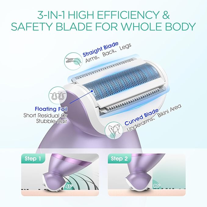 VOYOR Electric Razors for Women 4 in 1 Bikini Trimmer Foil Shaver for Women 4 Replacement Heads for Body Pubic Hair Trimmer Cleansing Massage 2 Adjustable Speeds Rechargeable Shaver ES501 (Purple)