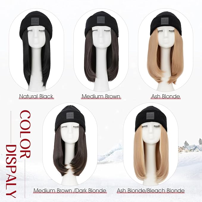 S-noilite Beanie Wig Hair Extensions11 Inch Short Straight Hair Extensions with Knitted Hat Hairpieces for Women Winter Medium Brown