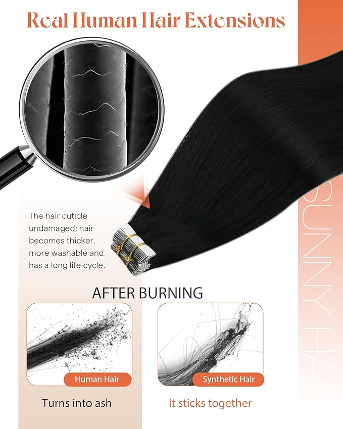 Sunny Hair Tape in Hair Extensions Human Hair 18inch Hair Extensions Real Human Hair Tape in Extensions for Women Jet Black Invisible Remy Hair Natural Straight Skin Weft Double Sided Tape 40pcs 100g