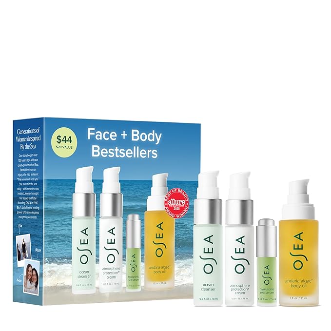 OSEA Bestsellers Set For Face + Body -4-piece Skin Care Set - Body Oil Face Cleanser Face Cream &amp Hyaluronic Acid Serum - Clean Beauty Travel Set - Ideal for Beauty Gifts