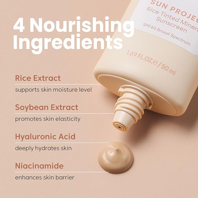 THANKYOU FARMER Sun Project Rice Tinted Mineral Sunscreen SPF40 Broad Spectrum - Korean Face Sunscreen with Zinc Oxide - Tinted SPF with No White Cast Dermatologist-Tested - 1.69 fl oz