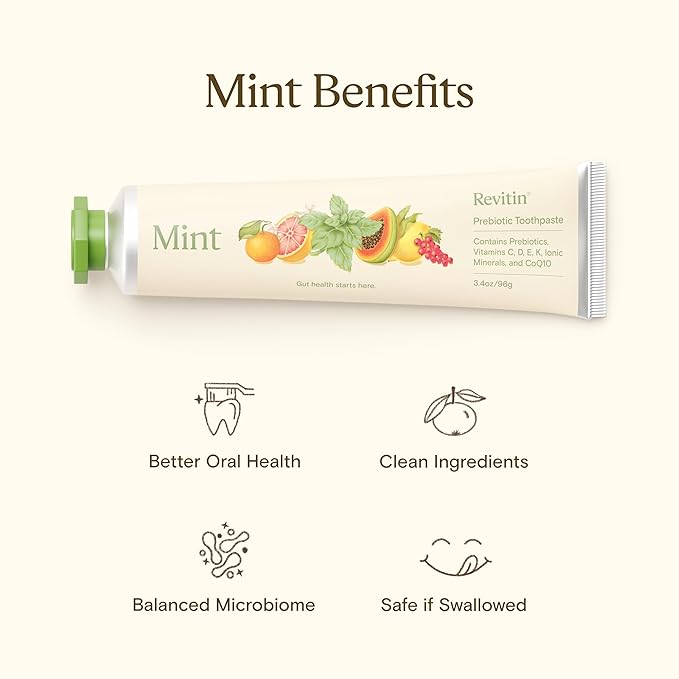 Revitin Toothpaste | Fluoride-Free Prebiotic Mint Tooth Gel | No SLS Gluten Free Dye Free GMO Free No Sweeteners | Non-Toxic Kid Approved Pack of 3