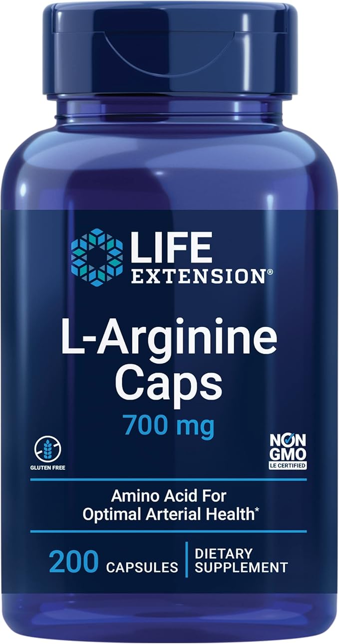 Life Extension L-Arginine Caps 700 mg Vitamin C &amp Amino Acid for Optimal arterial Health Supports Heart &amp Immune Health Healthy Tissue &amp Bones Gluten Free Non-GMO 200 Capsules