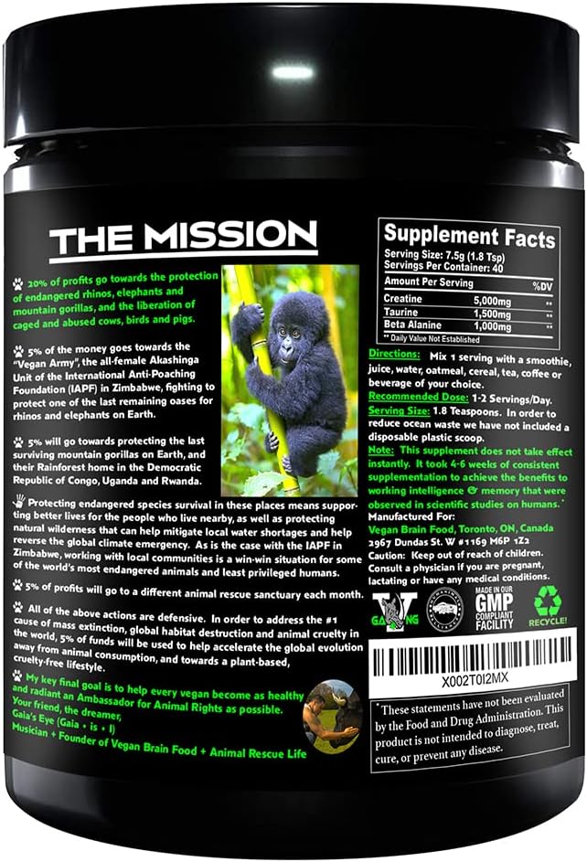 Vegan Brain &amp Body Boost: The Cherry On Top of A Plant-Based Lifestyle | Working Intelligence | Anti-Aging | Physical Fitness | Vegan Amino Acids - Creatine Taurine &amp Beta Alanine | 40 Servin