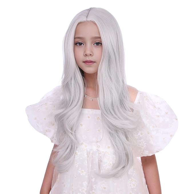 Sliver Gray Wig for Girls Child Long Slive Grey Wavy Curly Wig Kids Long Middle Part Wigs Heat Resistant Synthetic Wigs with Cap