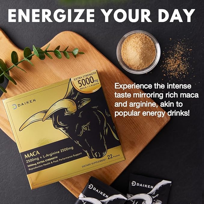 DAIKEN Peruvian Maca Root Powder Extra Strength 15000 mg Gelatinized Black Red Yellow Maca Blend with L-Arginine (2500 mg) for Men and Women Superior Absorption Vegan Lab Tested - 22 Packets