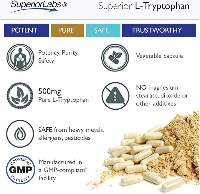 Superior Labs L-Tryptophan 500 mg Capsules Pure Non-GMO Amino Acid High Absorption Supports Sleep and Mood Helps with Occasional Stress PMS Support 120 Veg Caps