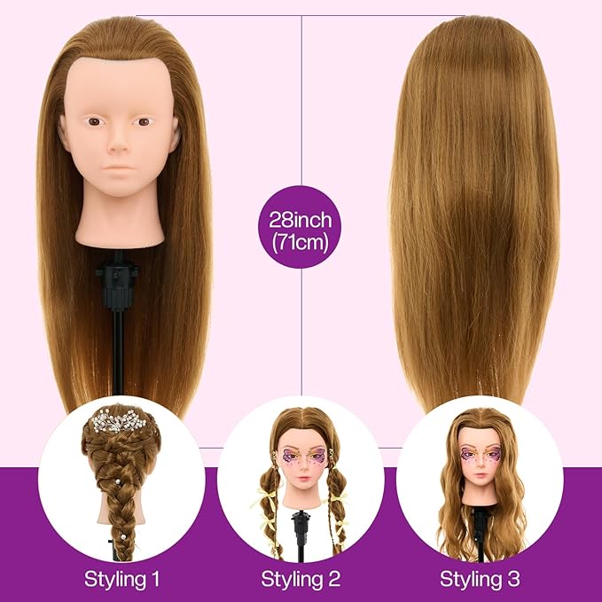 28Inch Mannequin Head with 80% Real Human Hair- Cosmetology Mannequin Head with Hair for Makeup Braiding Curling Cuting Make up Doll head for Styling with Table Clamp Hair Styling Set (Blonde)