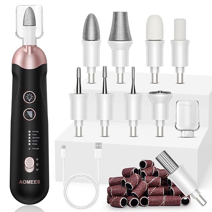 AOMEES Electric Nail File Kit Rechargeable Professional Manicure Pedicure Kit 5 Speeds Hand Foot Care Tool for Nail Grind Trim Polish - with 100Pcs Fine Grit Nail File Sanding Tape