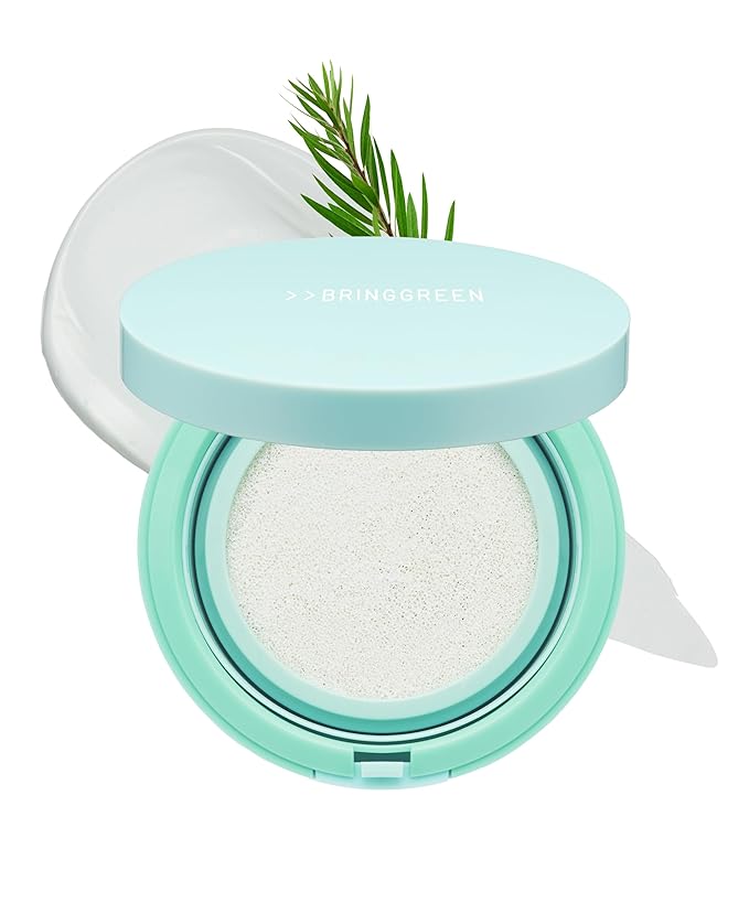 BRING GREEN Tea Tree CICA Facial Sun Cushion SPF 50+ PA++++ | Korean Mineral Sunscreen for Face | Non-Nano Reef-Safe Redness Correcting with Zinc Oxide | Travel Size Sun Protection