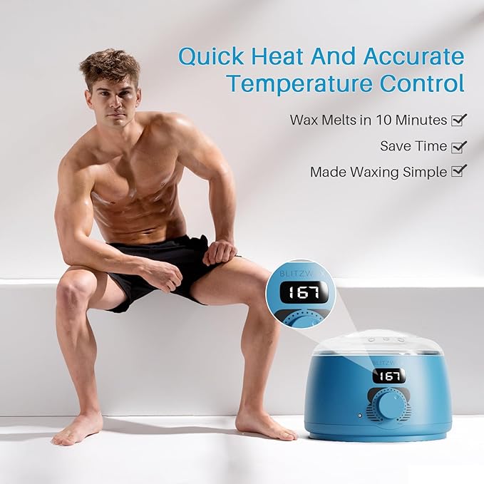 BLITZWAX Back and Nose Waxing Kit for Men Hard Wax Warmer for Brazilian Body and Face At Home Hair Removal Kit Beginner Friendly Quick Heating 93 Accessories Royal Blue