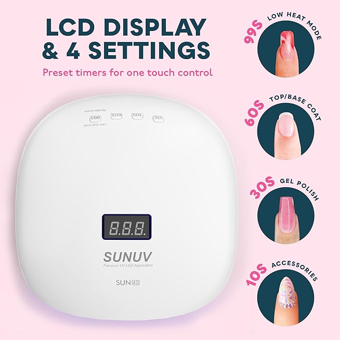 SUNUV LED UV Nail Light UV Lamp for Gel Nails Polish with 4 Timer Settings LCD Display Removable Base SUN4S Pink