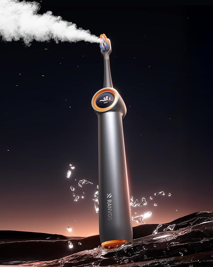 RANVOO AirJet PH3 [Vibrating &amp Flossing 2-in-1] Bubble Sonic Electric Toothbrush Plaque Removal White for Adult Protect Gum Orthodontic Teeth Clean Rechargeable Gift with 2 Soft Brush Heads Grey