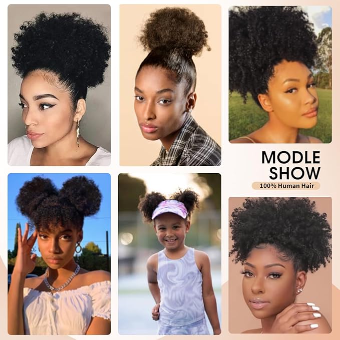 Boymia Afro Puff Extension for Kids 2Pcs #1 Jet Black 4 Inch Short Curly Hair Afro Bun Extension 100% Human Hair Naturally Styled Hairpiece Updo Hair Extensions