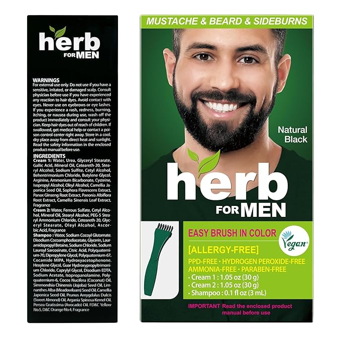 Herb For Men Mustache &amp Beard Dye (Nature Black 3 Pack) PPD-Free Ammonia-Free Vegan with Natural Ingredients Odorless Gentle for Sensitive Skin No Skin Irritation